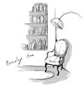 Reading time. A quiet cozy corner at home Ã¢â¬â bookshelves and a chair. Royalty Free Stock Photo